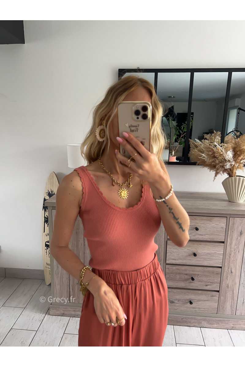 débardeur festonné maille terracotta été Summer 2024 mode tendance grecy look