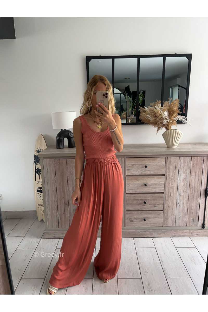 pantalon fluide léger élastique terracotta été Summer 2024 mode tendance grecy look