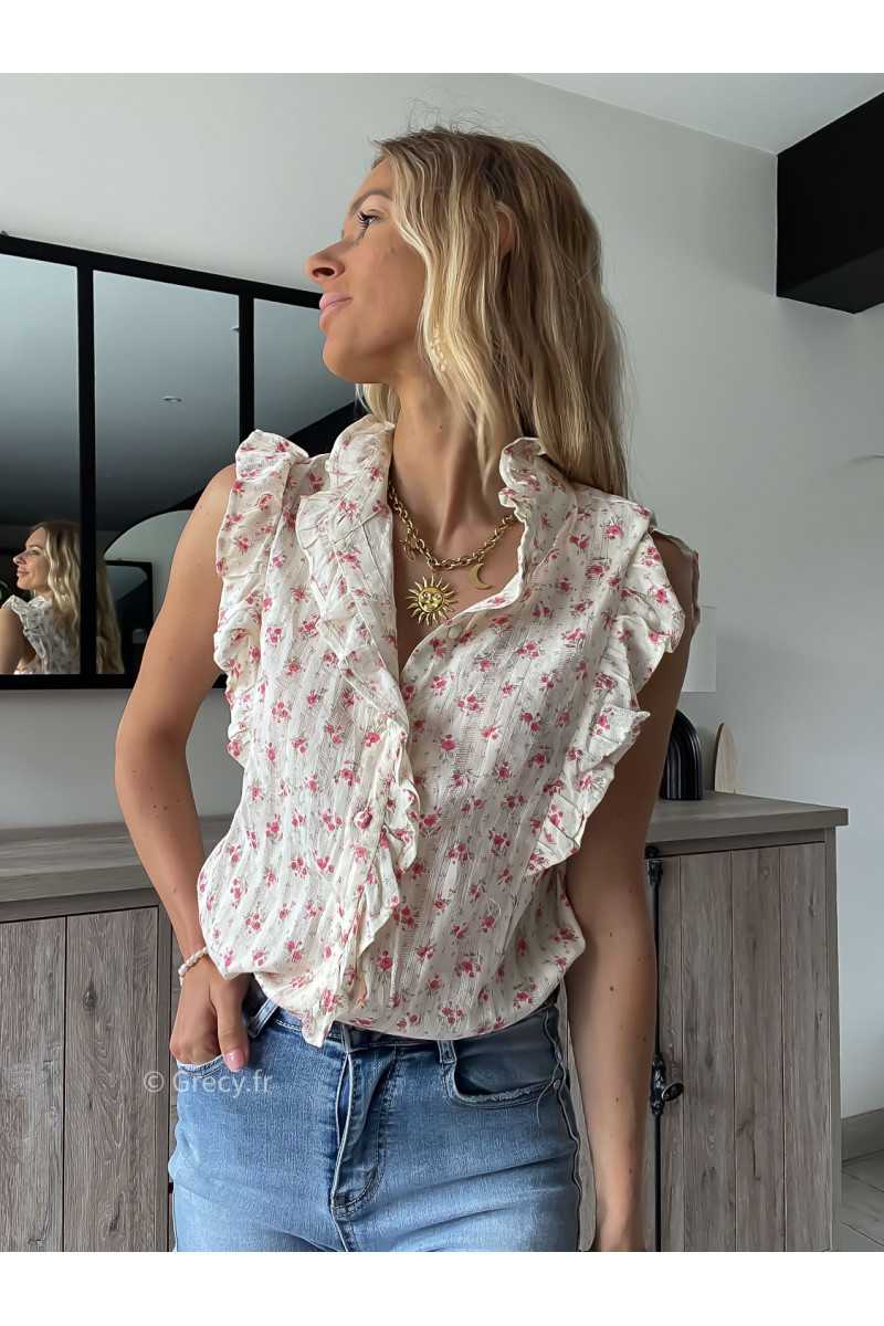 Chemisier fleuri volants gaze de coton été Summer 2024 mode tendance grecy look