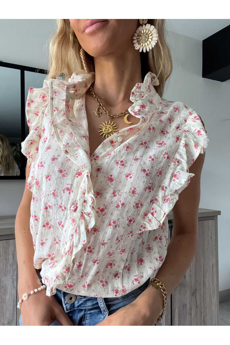 Chemisier fleuri volants gaze de coton été Summer 2024 mode tendance grecy look