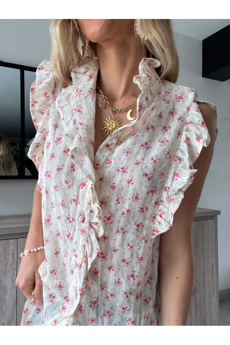 Chemisier fleuri volants gaze de coton été Summer 2024 mode tendance grecy look
