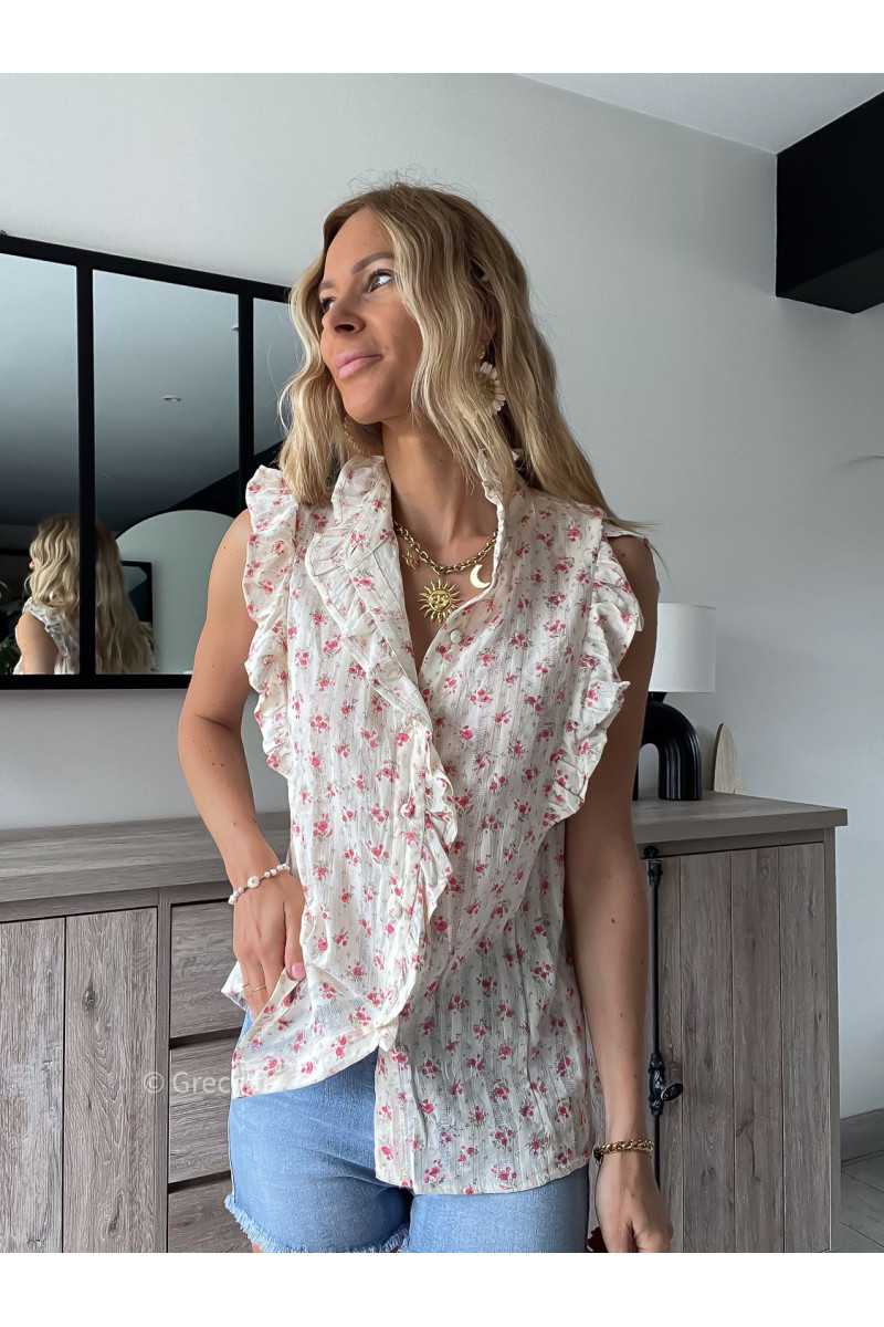Chemisier fleuri volants gaze de coton été Summer 2024 mode tendance grecy look