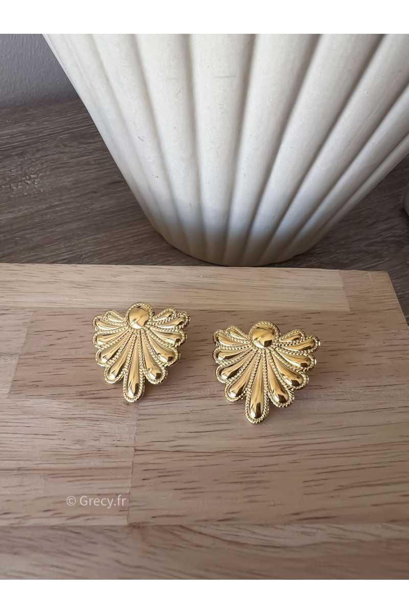 Boucles d'oreilles coquillages dorés or acier inoxydable légères bijoux tendances grecy été 2024