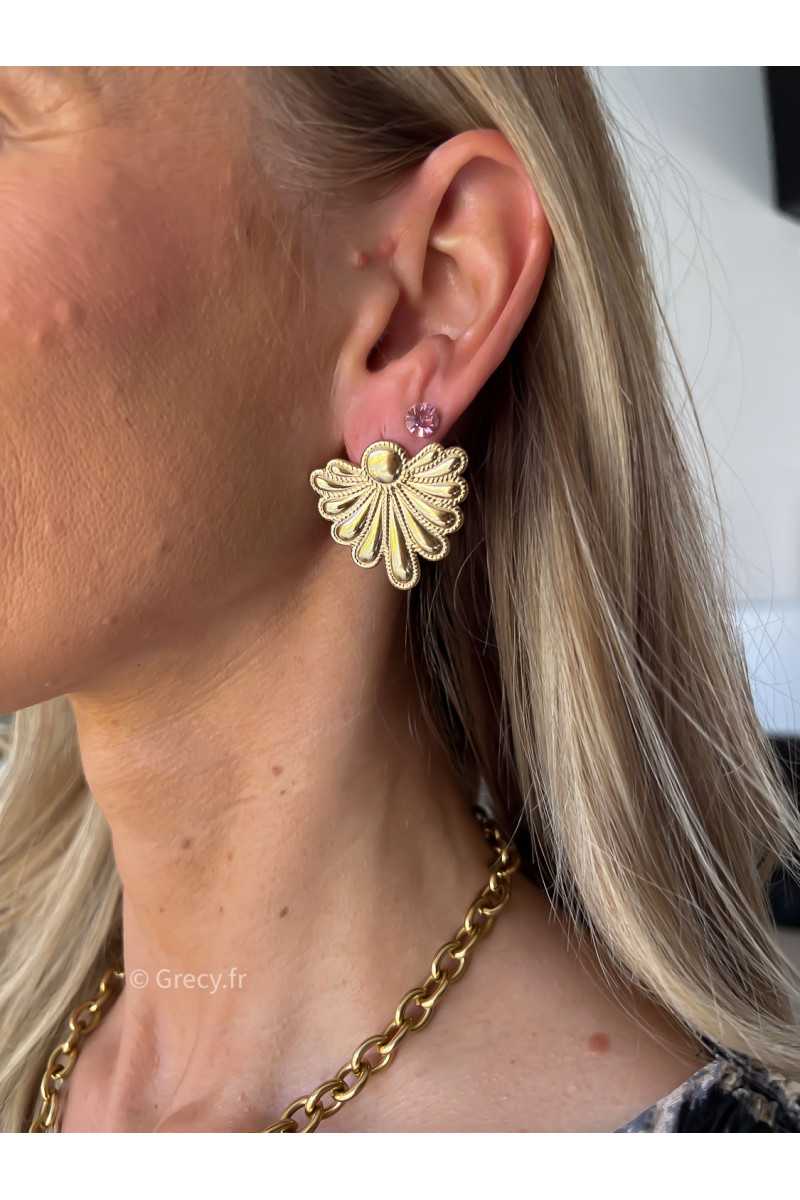 Boucles d'oreilles coquillages dorés or acier inoxydable légères bijoux tendances grecy été 2024