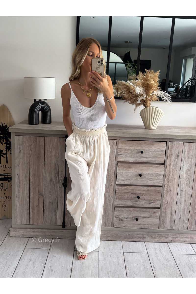 Pantalon gaze de coton beige grecy printemps été 2024 fluide léger mode look ootd
