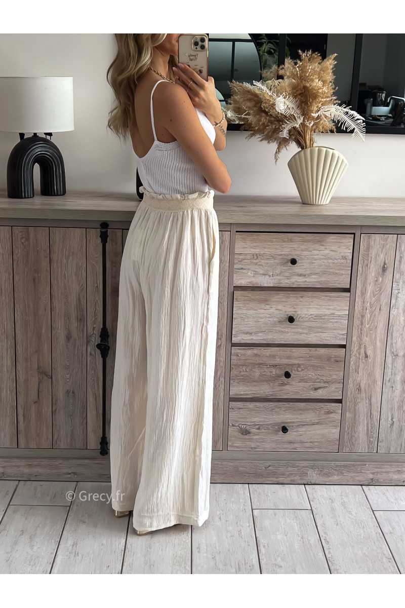 Pantalon gaze de coton beige grecy printemps été 2024 fluide léger mode look ootd