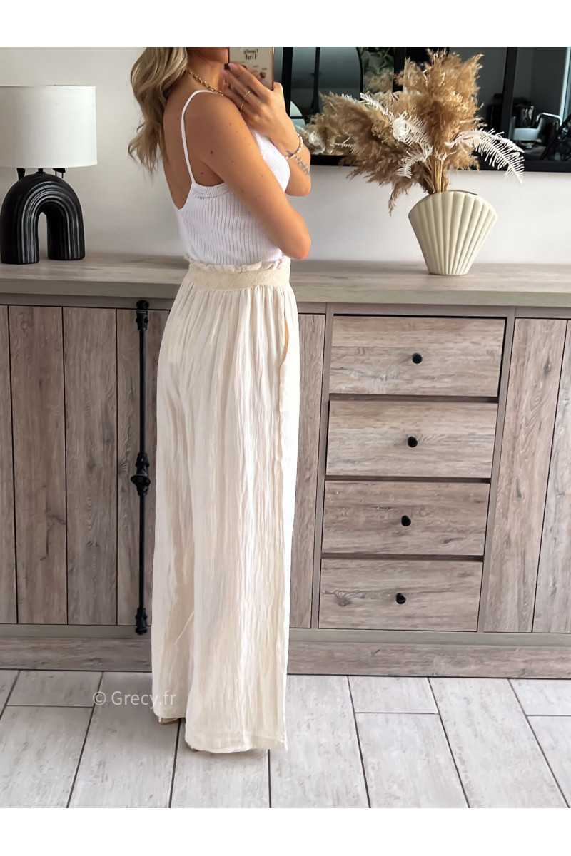Pantalon gaze de coton beige grecy printemps été 2024 fluide léger mode look ootd