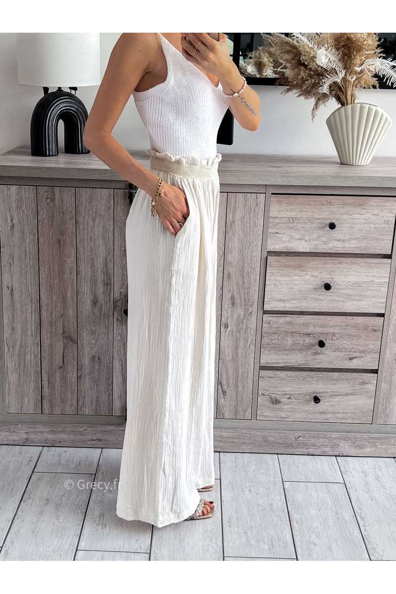Pantalon gaze de coton beige grecy printemps été 2024 fluide léger mode look ootd