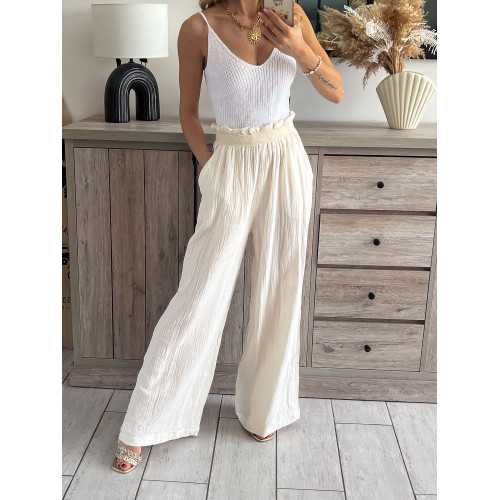 Pantalon gaze de coton beige grecy printemps été 2024 fluide léger mode look ootd