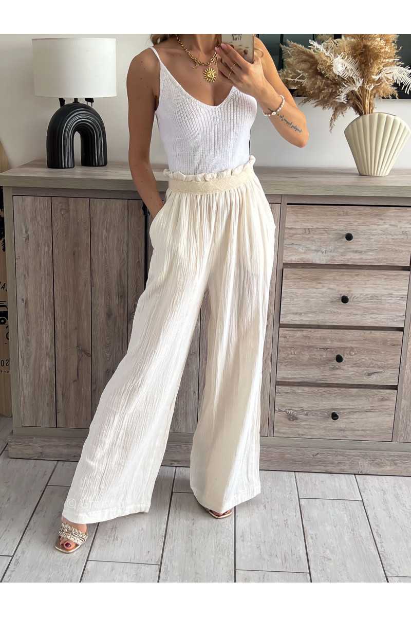 Pantalon gaze de coton beige grecy printemps été 2024 fluide léger mode look ootd
