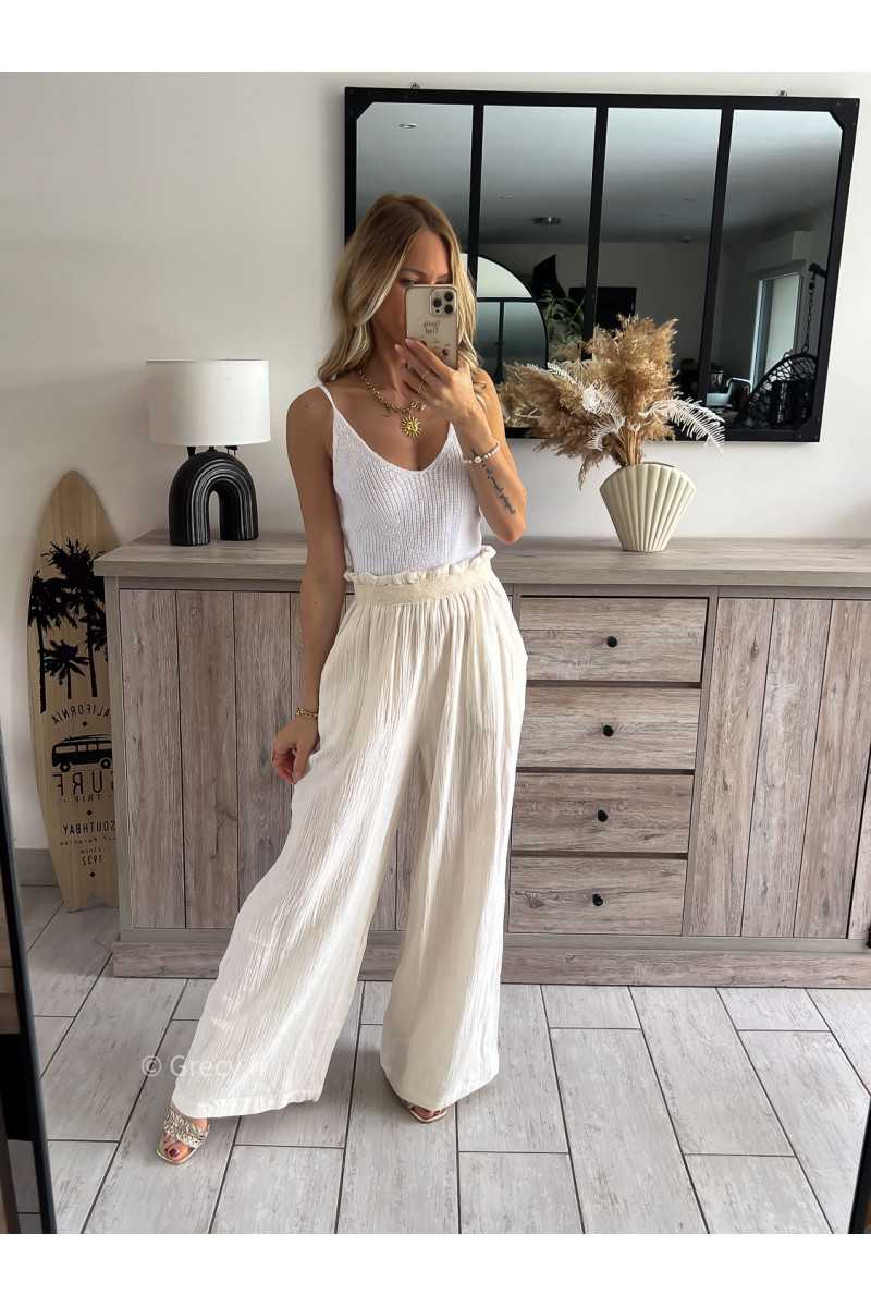 Pantalon gaze de coton beige grecy printemps été 2024 fluide léger mode look ootd