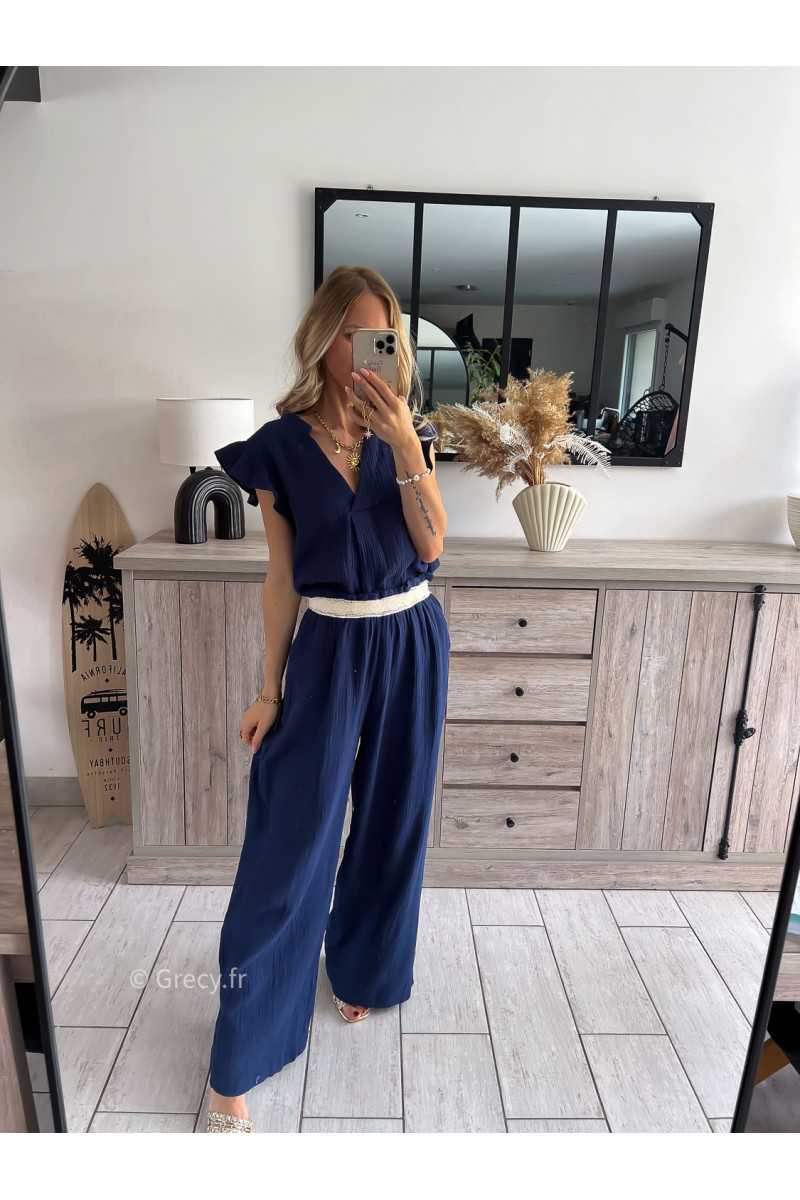 Pantalon gaze de coton bleu marine grecy printemps été 2024 fluide léger mode look ootd