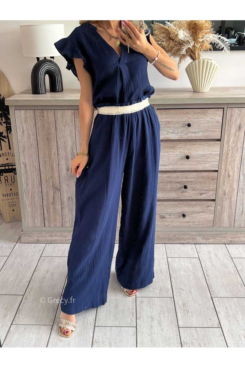 Pantalon gaze de coton bleu marine grecy printemps été 2024 fluide léger mode look ootd