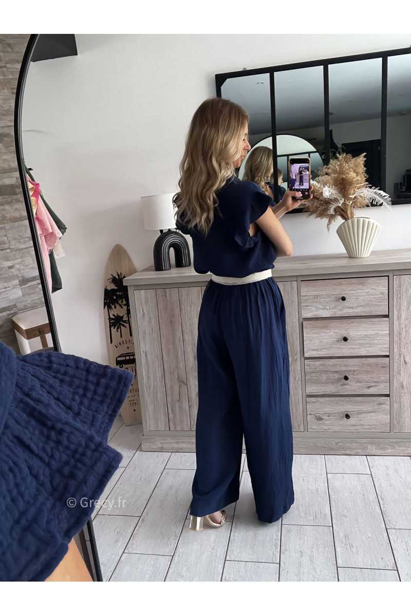 Pantalon gaze de coton bleu marine grecy printemps été 2024 fluide léger mode look ootd