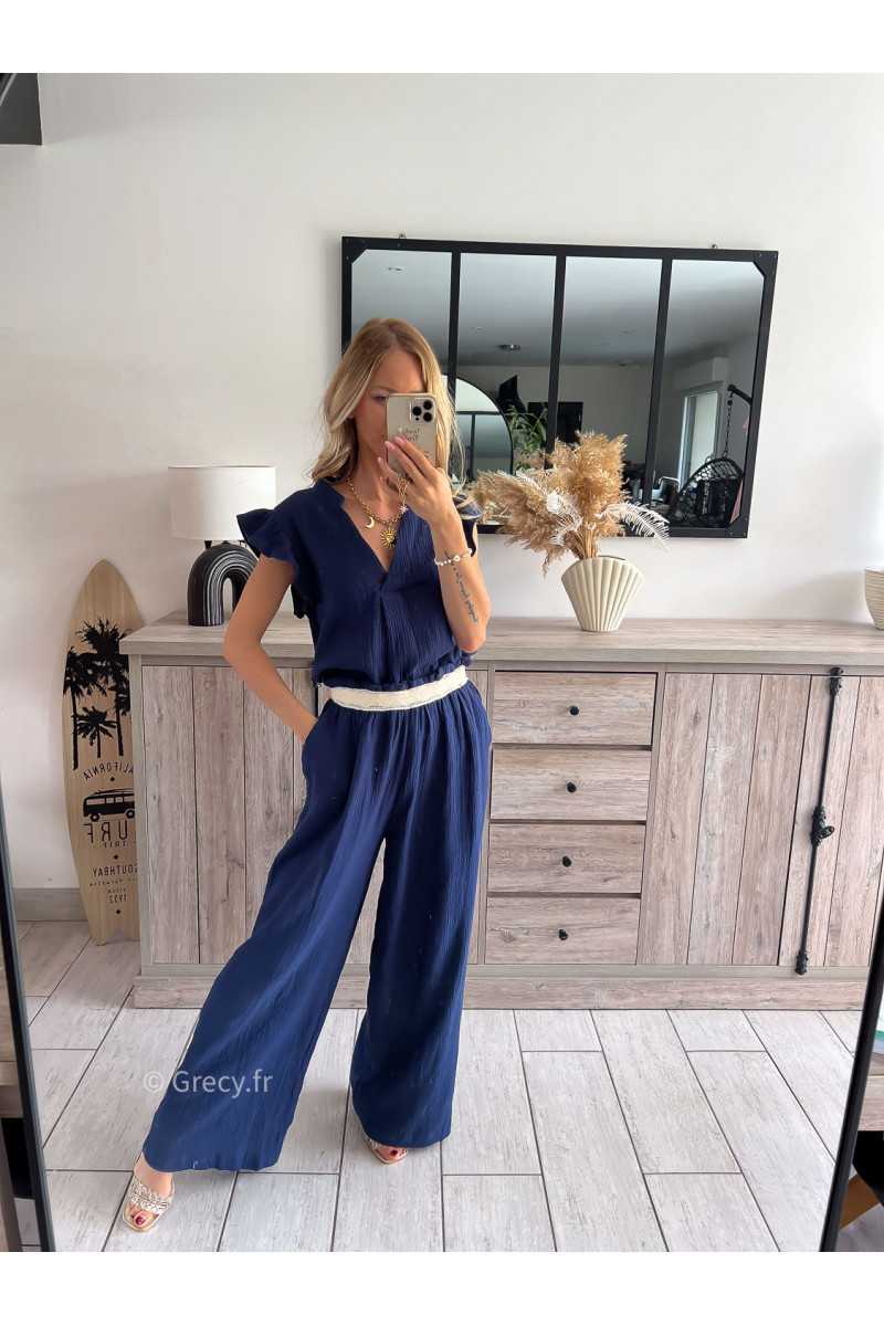 Pantalon gaze de coton bleu marine grecy printemps été 2024 fluide léger mode look ootd