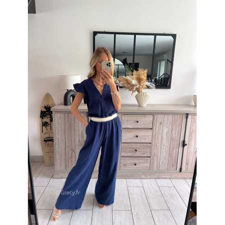 Pantalon en gaze de coton bleu marine taille matiere dentelle Taille S Couleur bleu marine