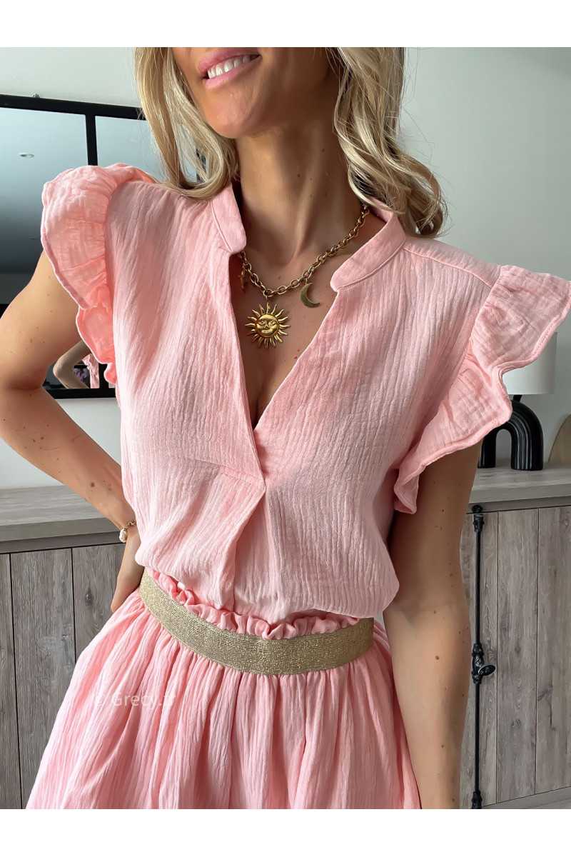 blouse gaze de coton rose clair volants chic grecy printemps été 2024 fluide léger mode look ootd