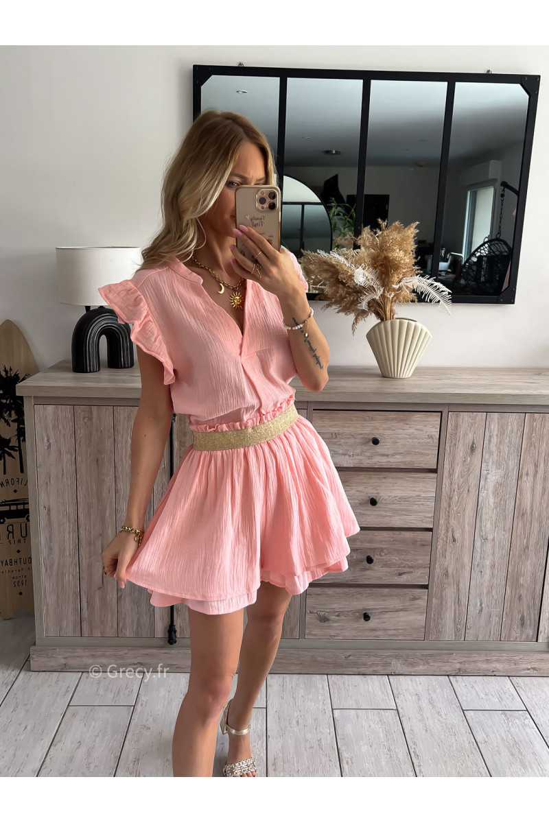 blouse gaze de coton rose clair volants chic grecy printemps été 2024 fluide léger mode look ootd