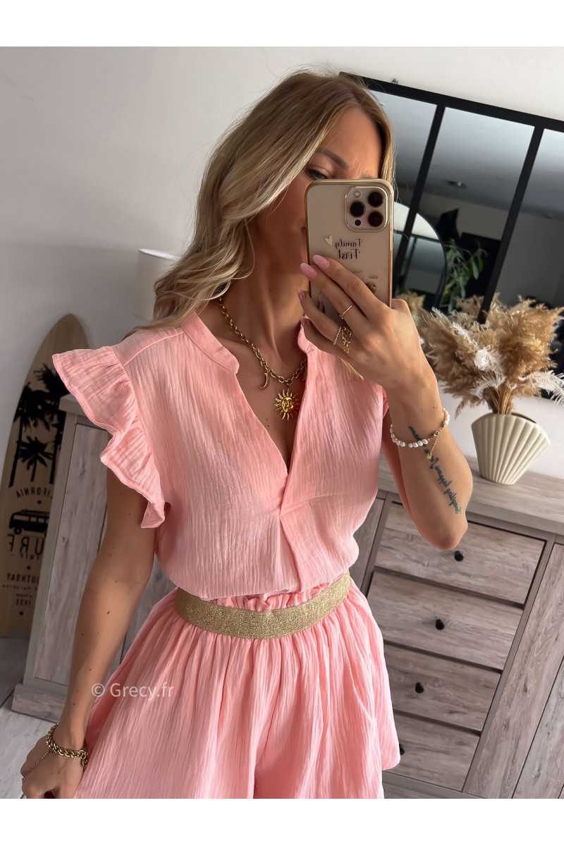 blouse gaze de coton rose clair volants chic grecy printemps été 2024 fluide léger mode look ootd