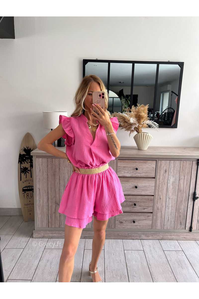 blouse gaze de coton rose fuchsia volants chic grecy printemps été 2024 fluide léger mode look ootd