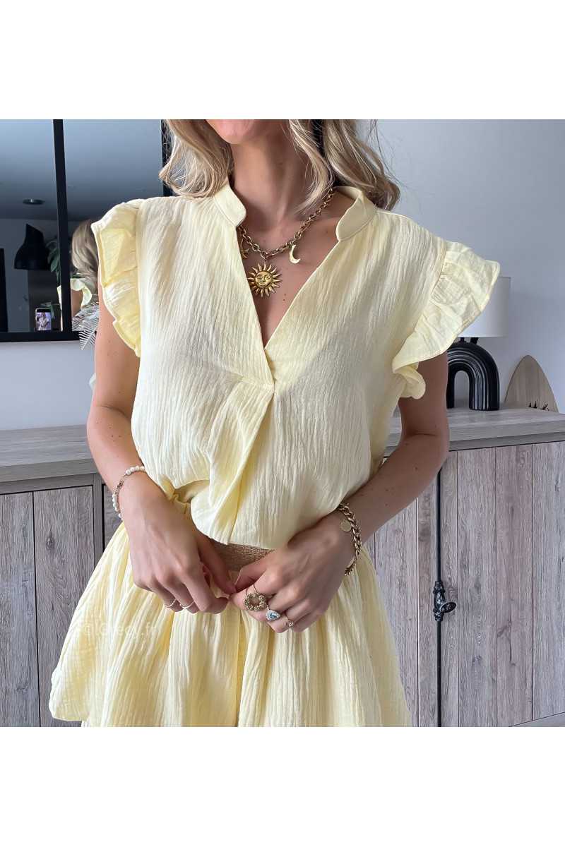 blouse gaze de coton jaune volants chic grecy printemps été 2024 fluide léger mode look ootd