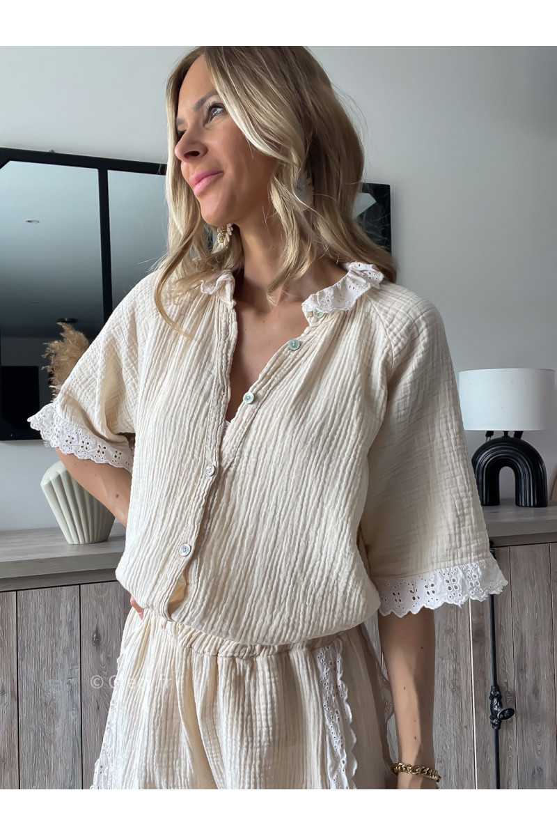 ensemble short chemise gaze de coton beige dentelles grecy printemps été 2024 fluide léger mode look ootd