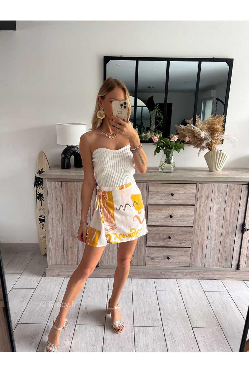 Jupe short legere motif citron avec ceinture elastique Couleur Blanc Taille Taille unique convient du 34 au 42