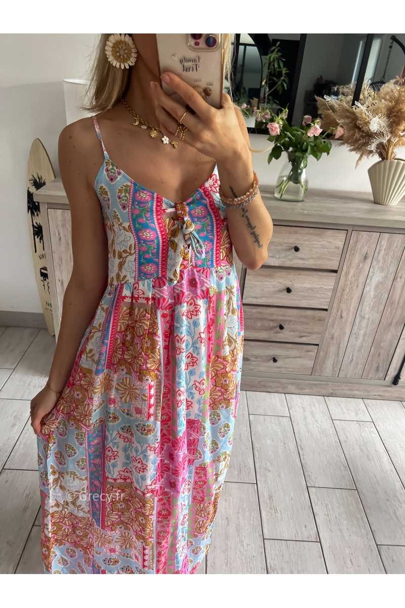 robe longue fleurie rose bleu bretelles grecy mode tendance look été 2024