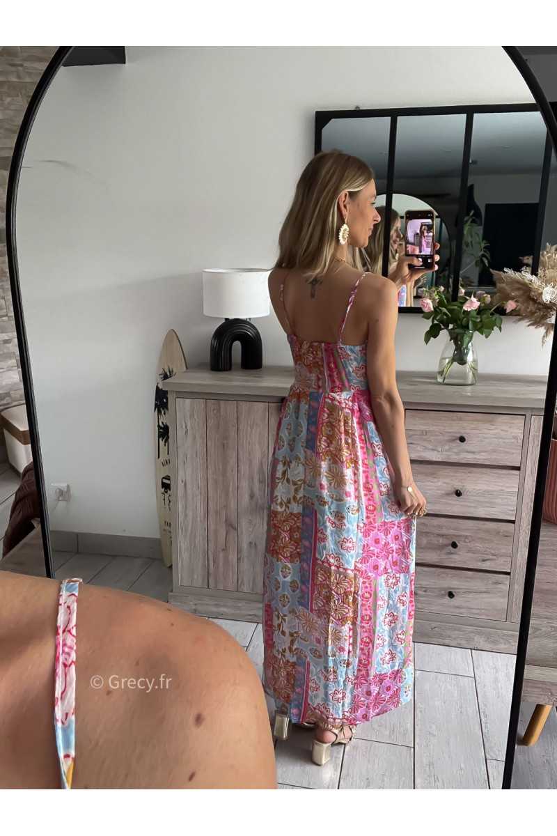 robe longue fleurie rose bleu bretelles grecy mode tendance look été 2024