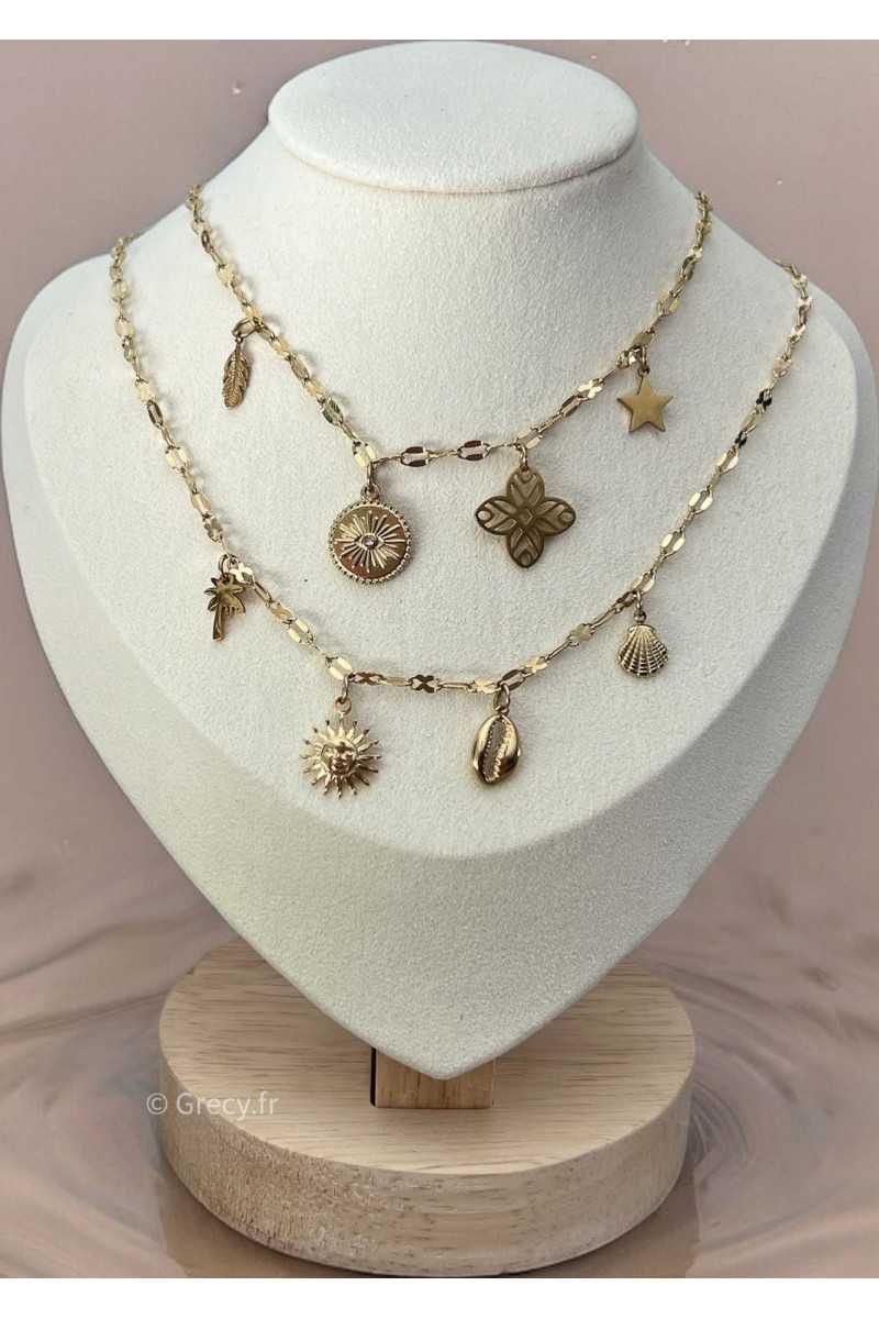 collier creation fine maille chaine charms pendentifs charm's grecy bijoux acier inoxydable
