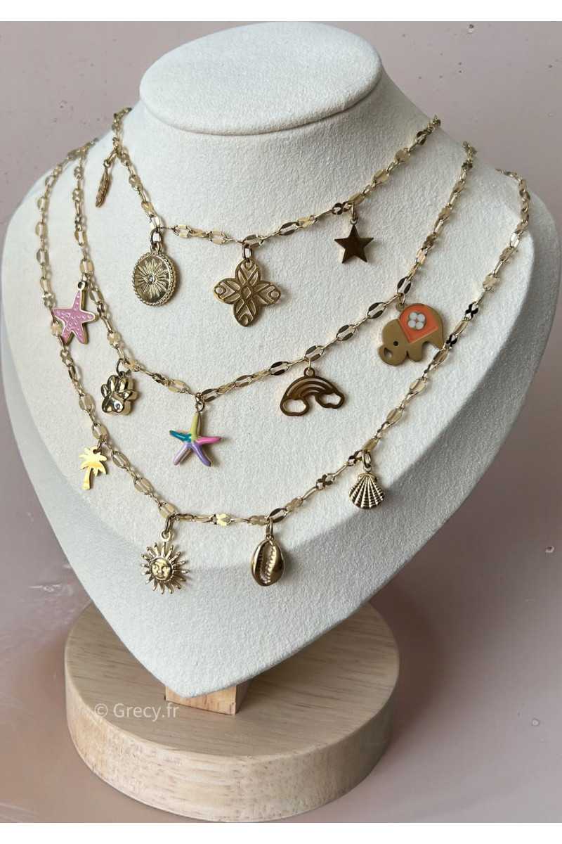 collier creation fine maille chaine charms pendentifs charm's grecy bijoux acier inoxydable