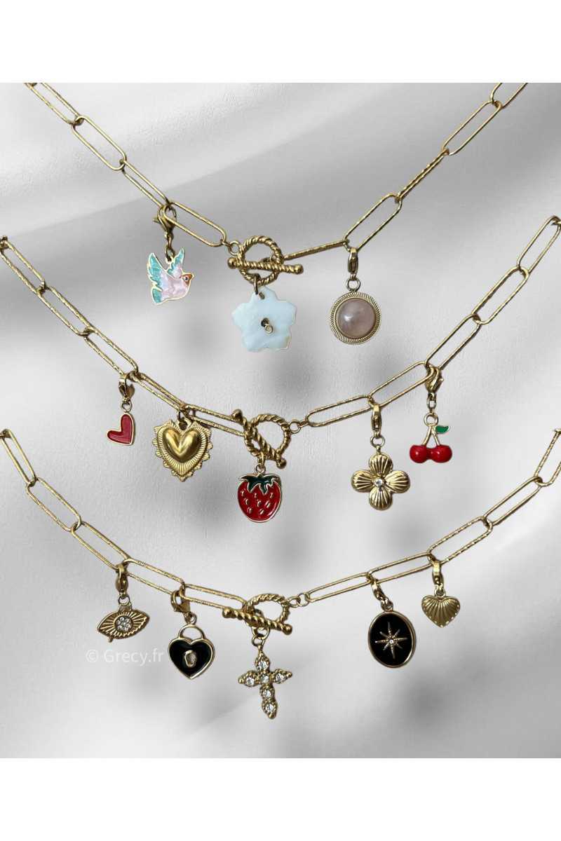 collier creation maille chaine charms pendentifs charm's grecy bijoux acier inoxydable