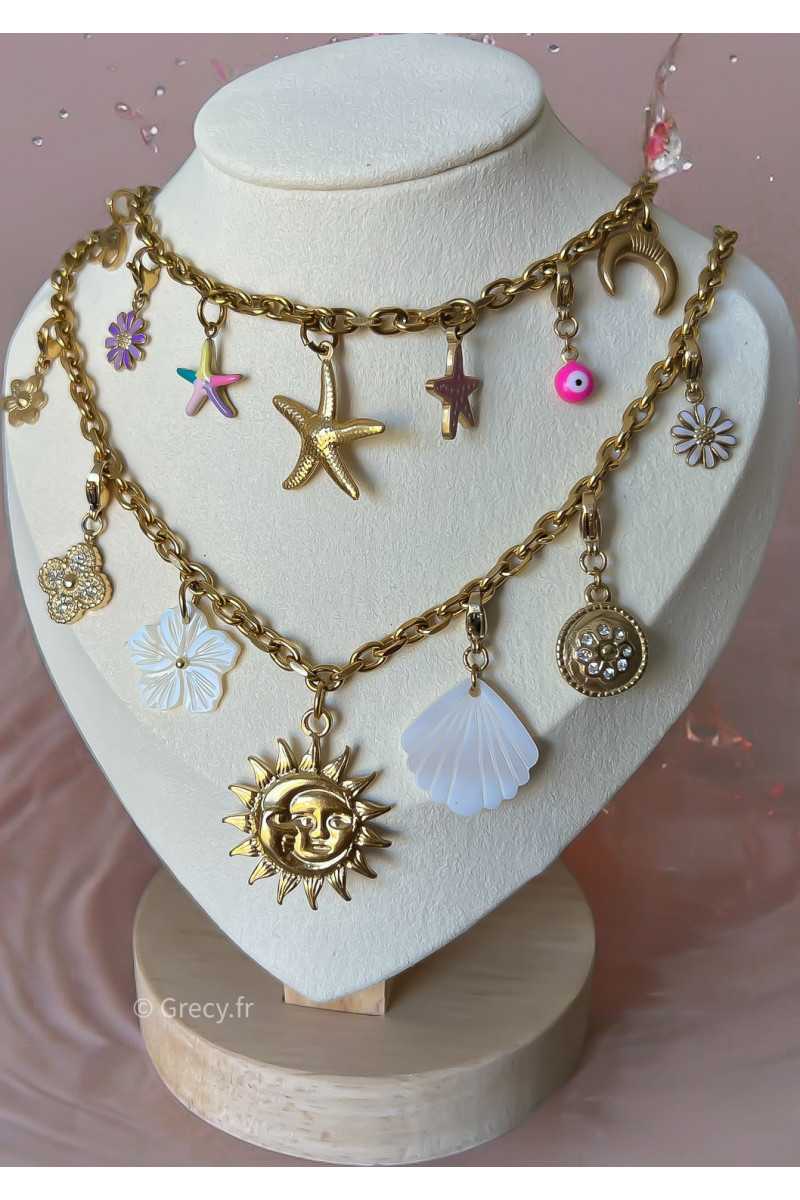 collier creation maille chaine charms pendentifs charm's grecy bijoux acier inoxydable