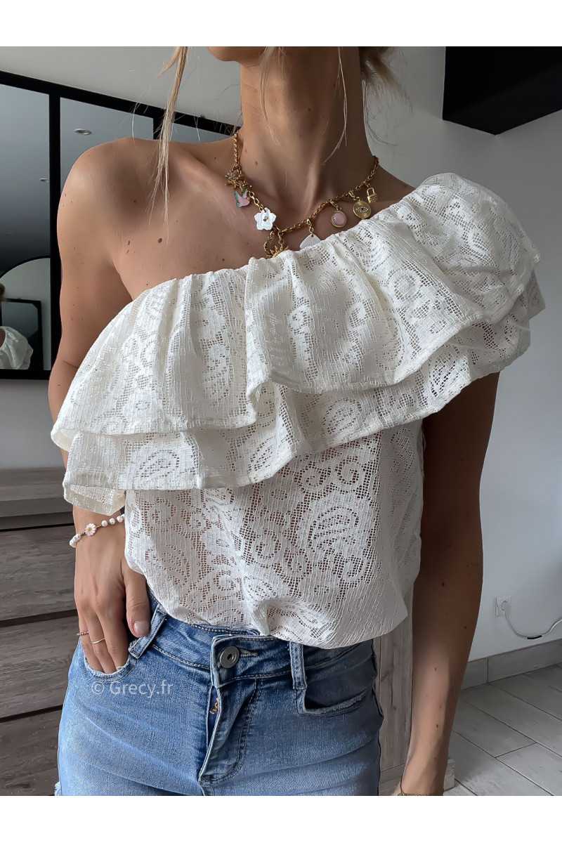 Top asymétrique blanc dentelles volants motifs une épaule grecy look tenue mode tendance