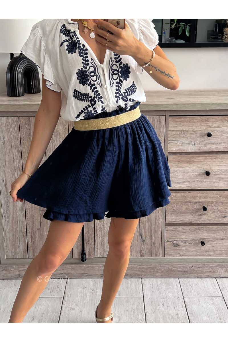 short jupe gaze de coton bleu marine ceinture dorée grecy look tenue mode tendance