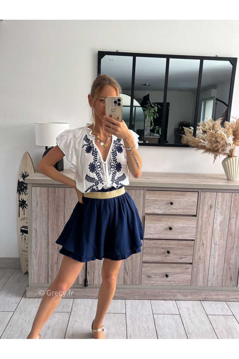short jupe gaze de coton bleu marine ceinture dorée grecy look tenue mode tendance