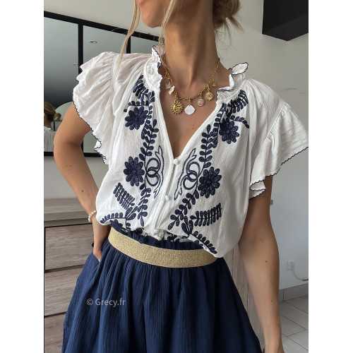 chemisier broderies volants bleu marine grecy look tenue mode tendance