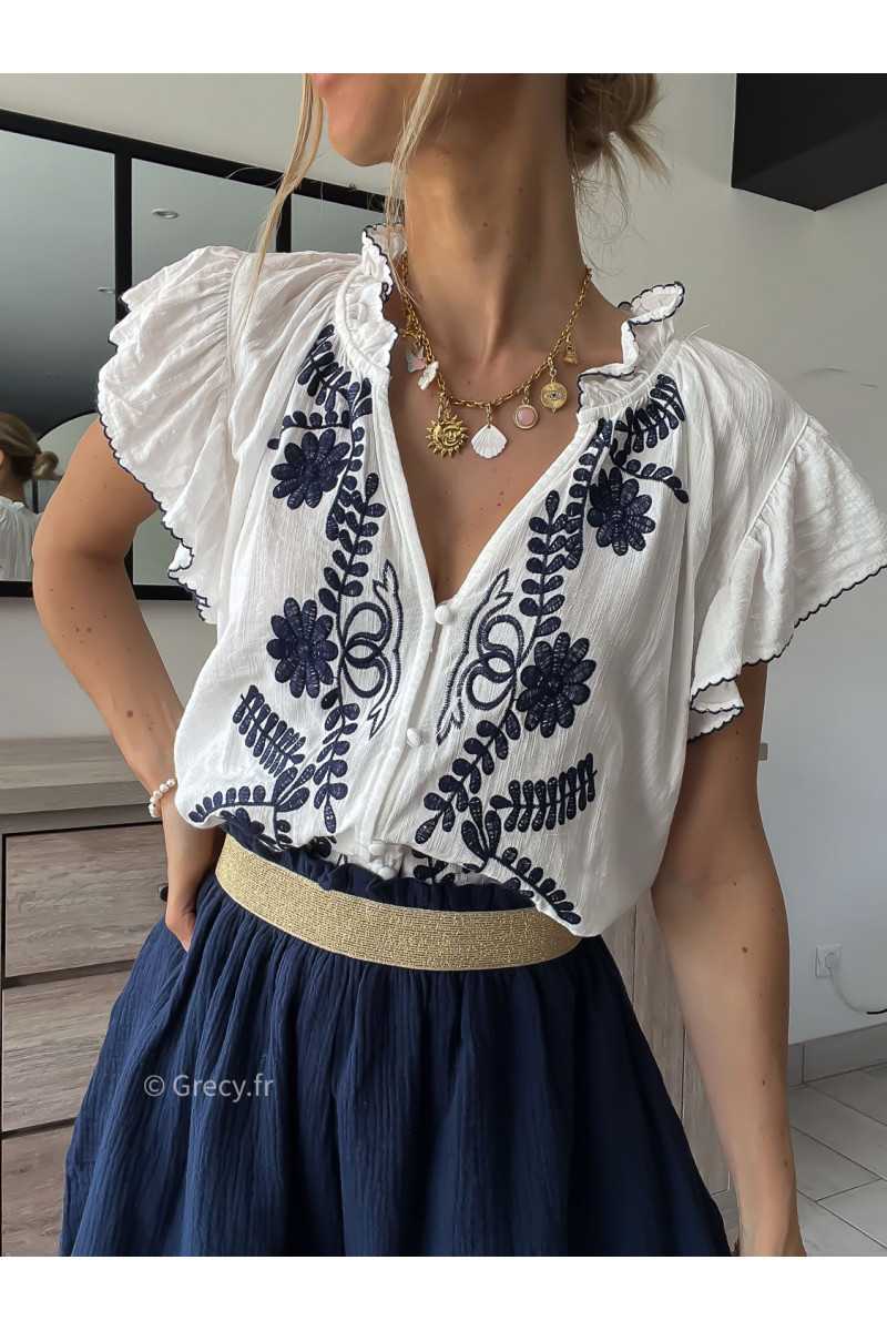 chemisier broderies volants bleu marine grecy look tenue mode tendance
