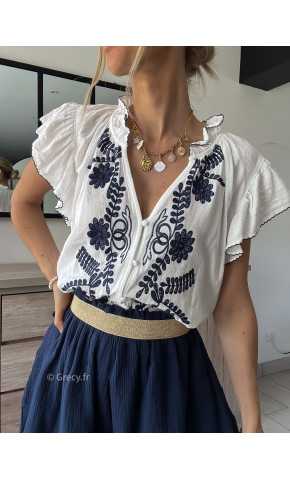 chemisier broderies volants bleu marine grecy look tenue mode tendance