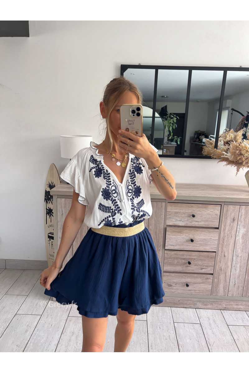 chemisier broderies volants bleu marine grecy look tenue mode tendance