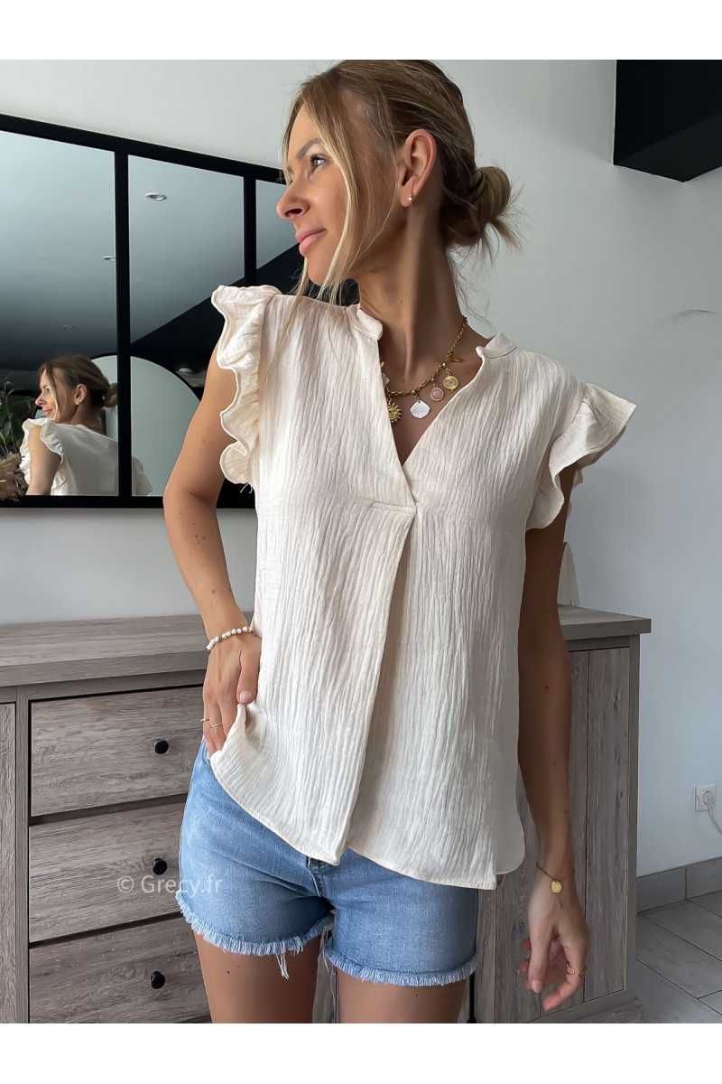 blouse gaze de coton chemisier volants beige grecy look tenue mode tendance