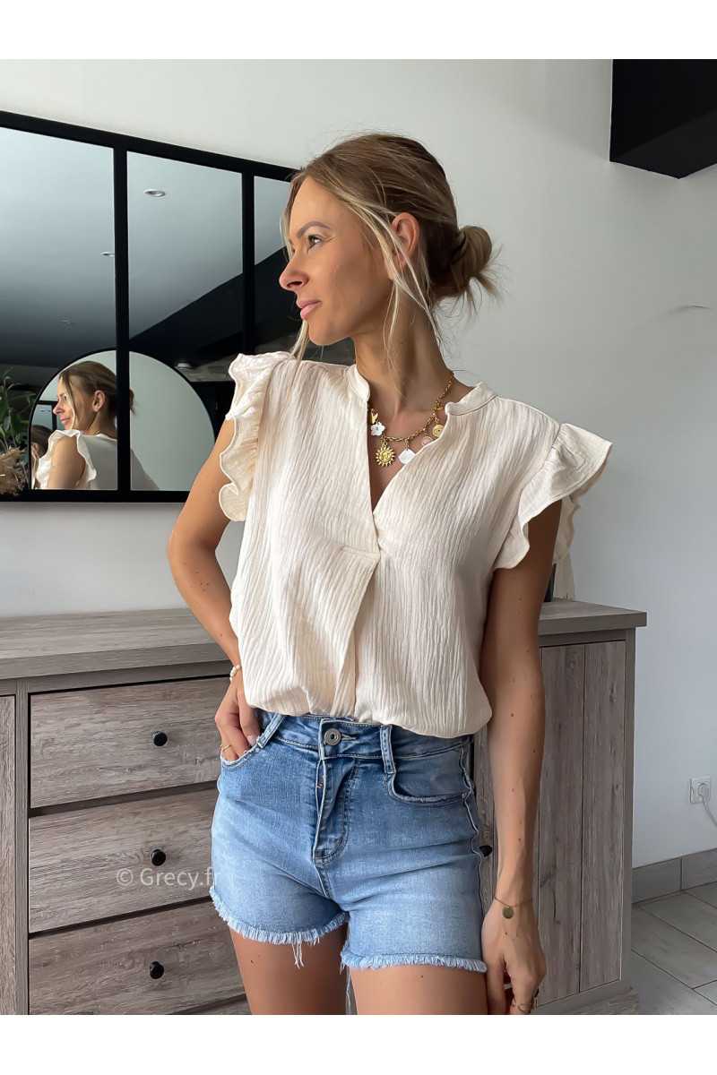 blouse gaze de coton chemisier volants beige grecy look tenue mode tendance