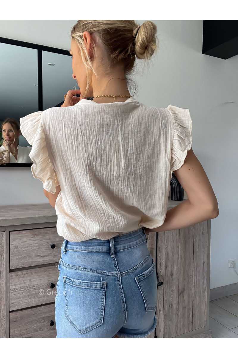blouse gaze de coton chemisier volants beige grecy look tenue mode tendance