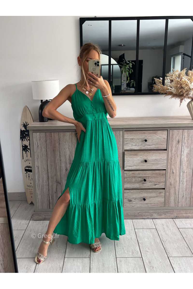 Robe longue verte bretelles réglables été grecy look tenue mode tendance