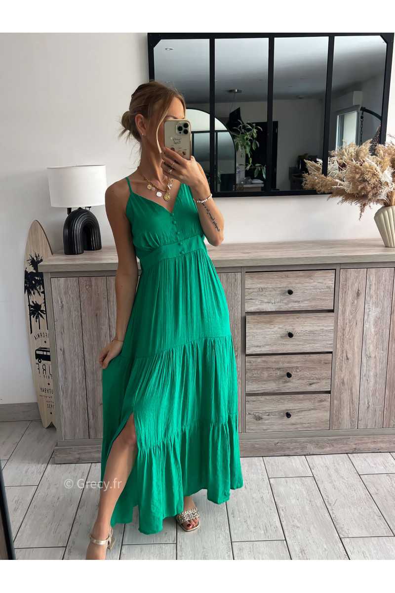 Robe longue verte bretelles réglables été grecy look tenue mode tendance