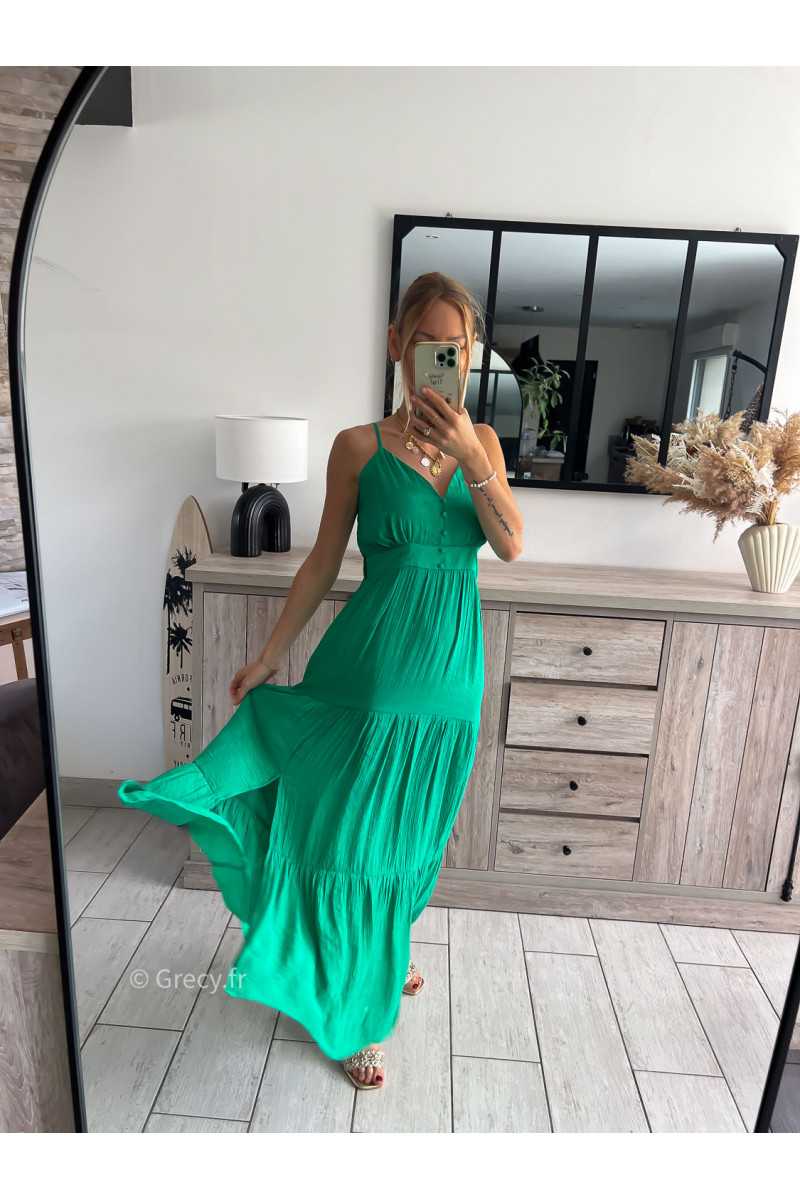 Robe longue verte bretelles réglables été grecy look tenue mode tendance