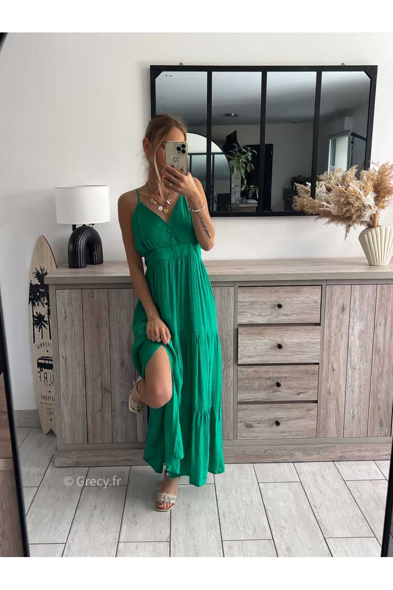Robe longue verte bretelles réglables été grecy look tenue mode tendance