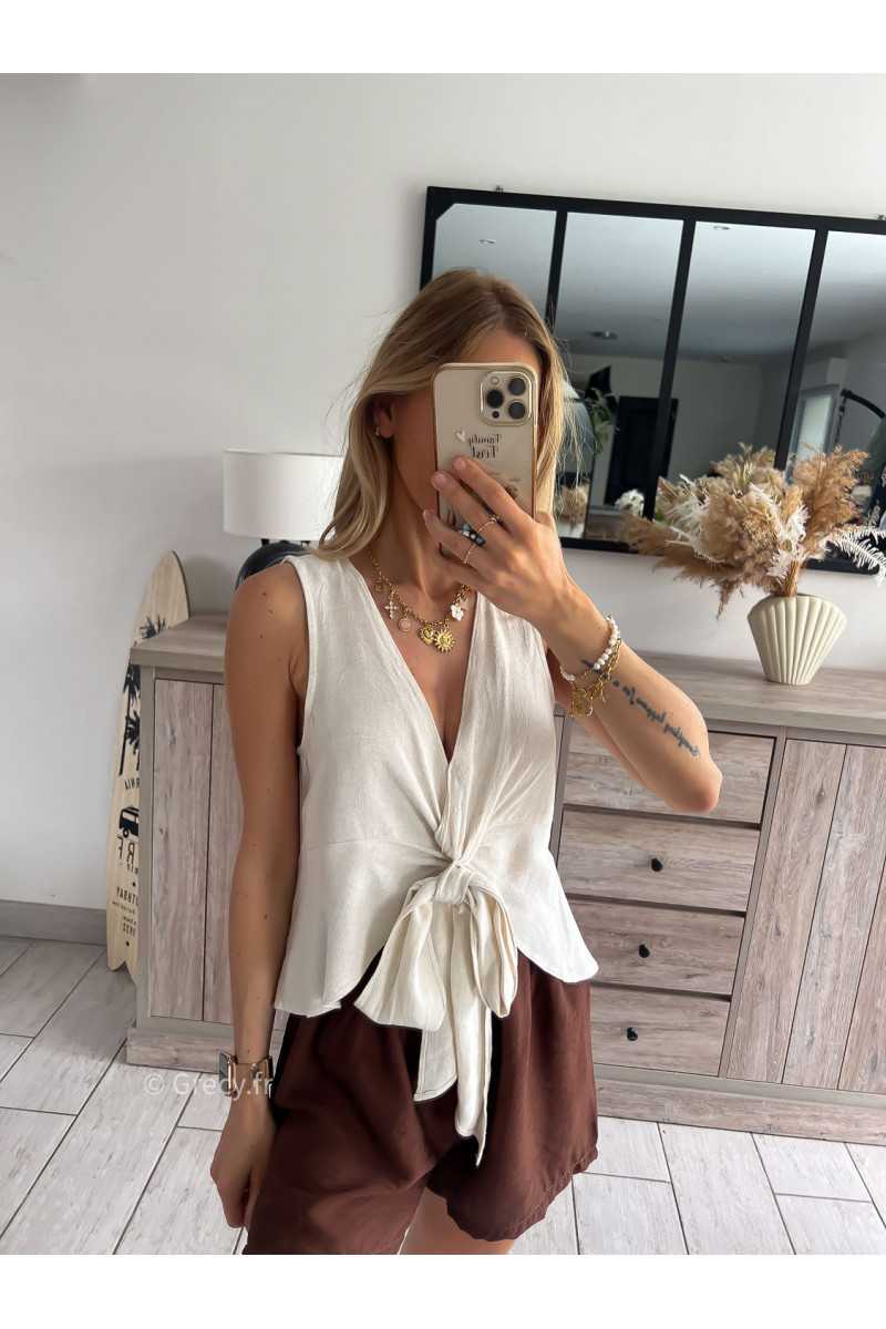 Top lin écru noeud grecy look tendance mode
