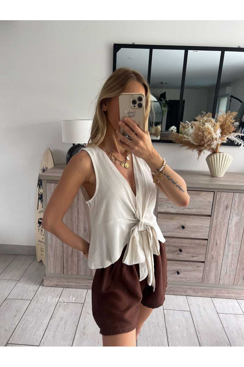 Top lin écru noeud grecy look tendance mode