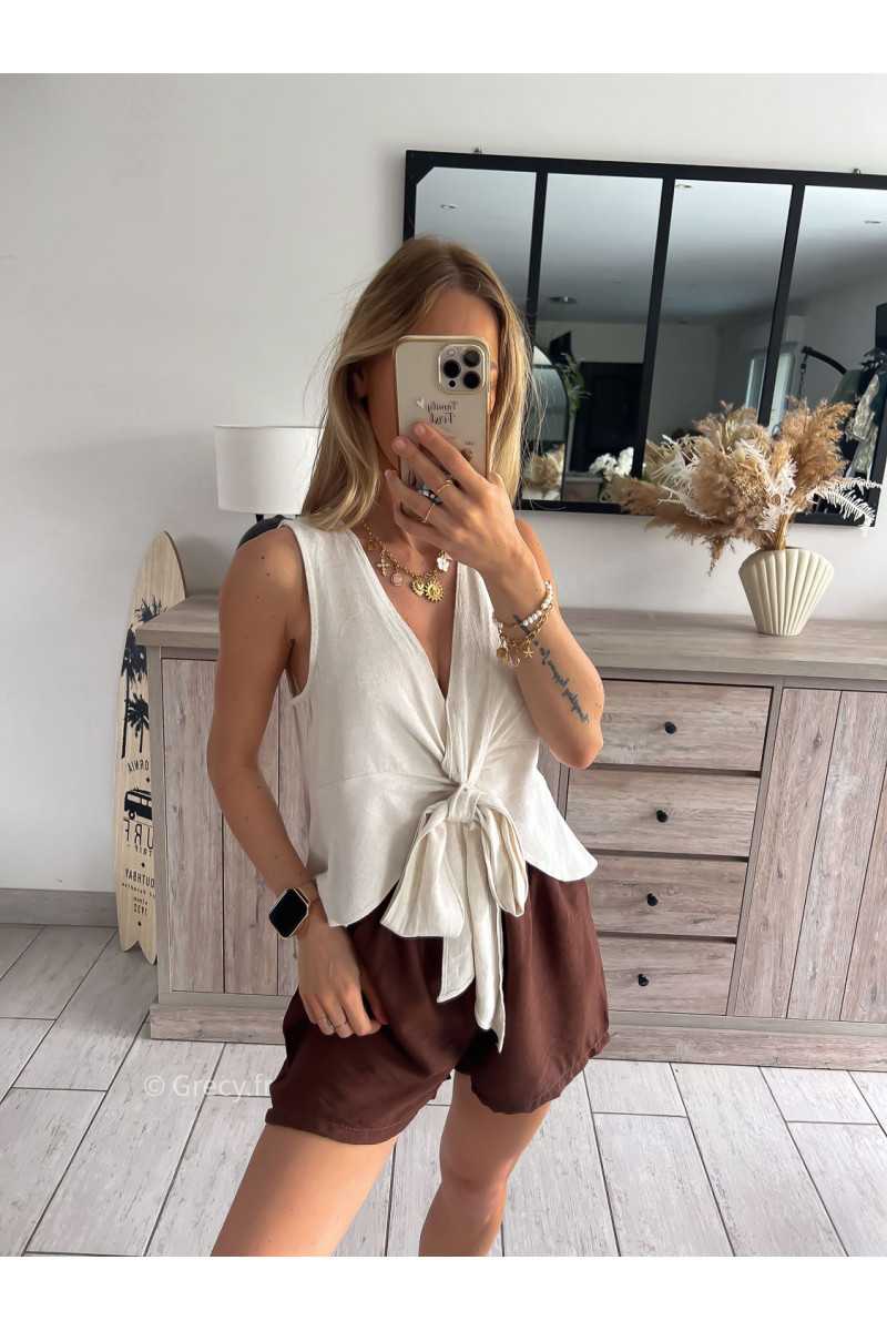 Top lin écru noeud grecy look tendance mode
